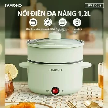 Nồi Điện Đa Năng SAMONO Lòng Nồi Chống Dính Dung Tích  1.2 Lít Công Suất 600W Chất Liệu An Toàn Thực Phẩm  Kèm Nồi Hấp  SW-DG04