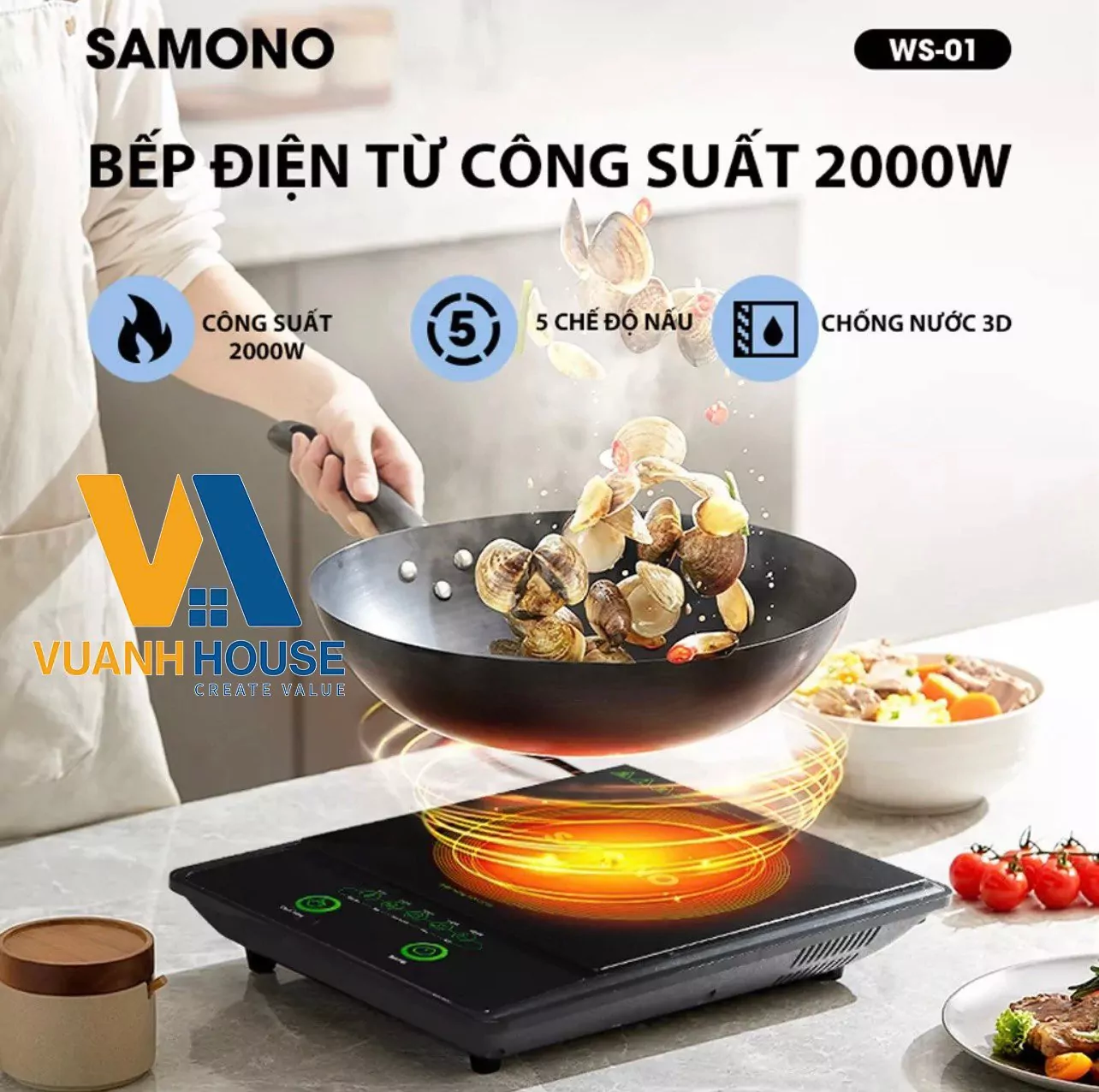 Bếp điện từ Samono WS-01 Black  2000W 5 chế độ nấu, tắt thông minh, chống nước 3D chống trượt mặt kính dày dặn, dễ vệ sinh